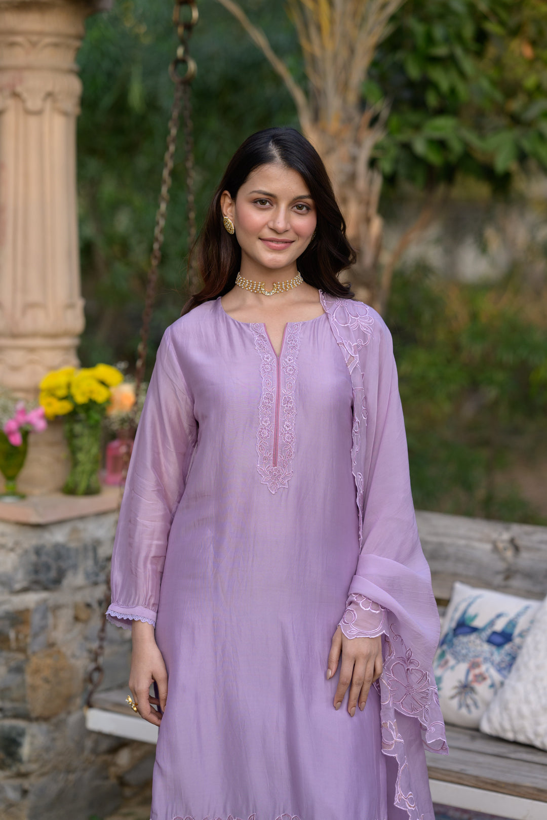 Lavender Pure Organza Cut and Scallope Work with Thread Hand Work Embroidered Details -SET OF-3 | SHOBITAM
