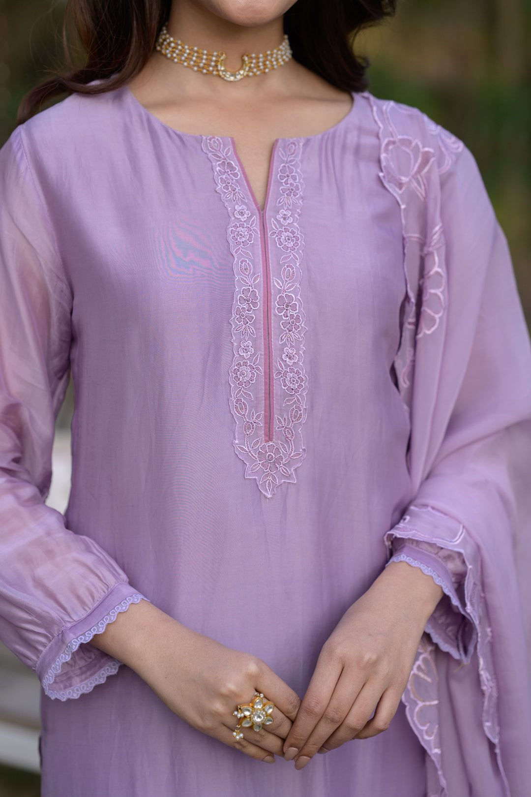 Lavender Pure Organza Cut and Scallope Work with Thread Hand Work Embroidered Details -SET OF-3 | SHOBITAM