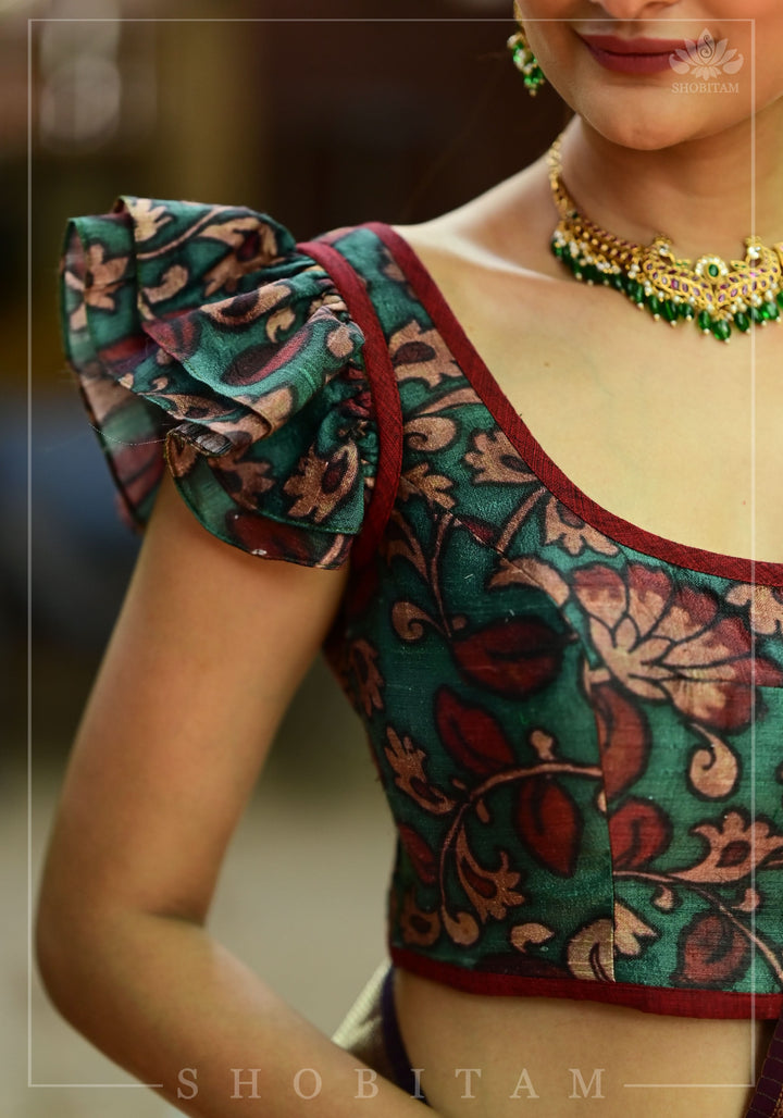 Grayish Teal Pure Raw Silk Blouse with Kalamkari Digital Print and Double Frill Sleeves