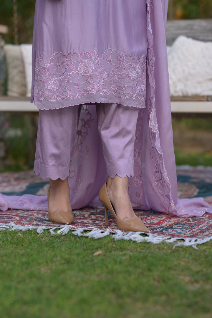 Lavender Pure Organza Cut and Scallope Work with Thread Hand Work Embroidered Details -SET OF-3 | SHOBITAM
