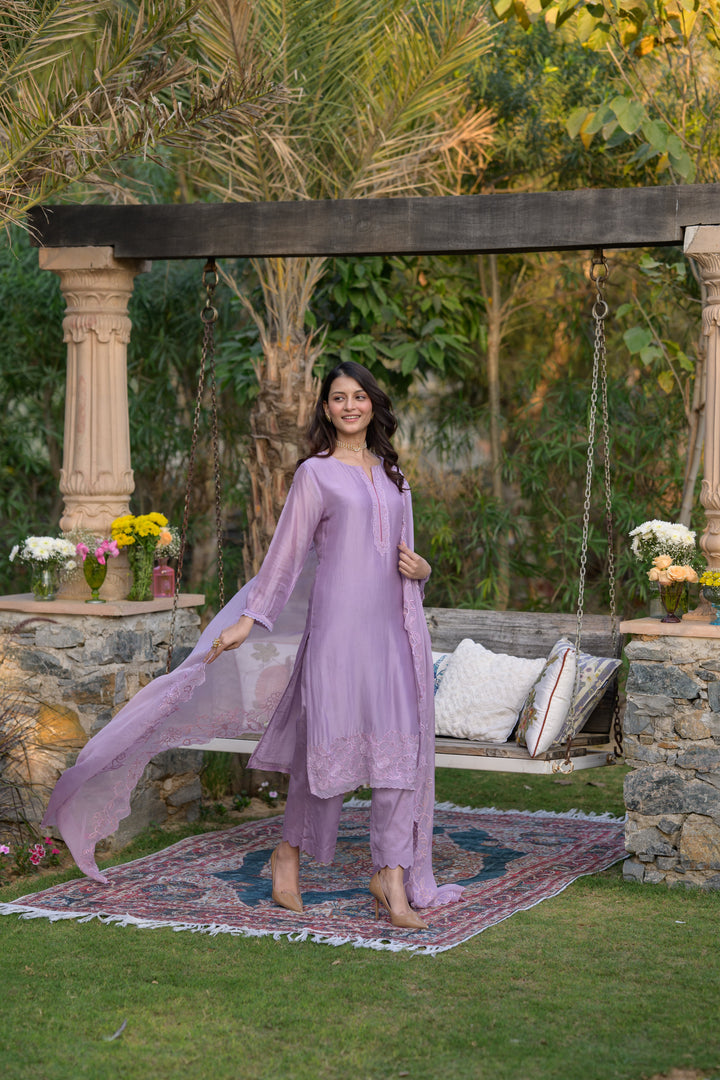 Lavender Pure Organza Cut and Scallope Work with Thread Hand Work Embroidered Details -SET OF-3 | SHOBITAM