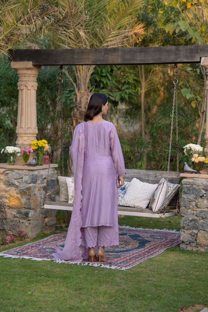 Lavender Pure Organza Cut and Scallope Work with Thread Hand Work Embroidered Details -SET OF-3 | SHOBITAM