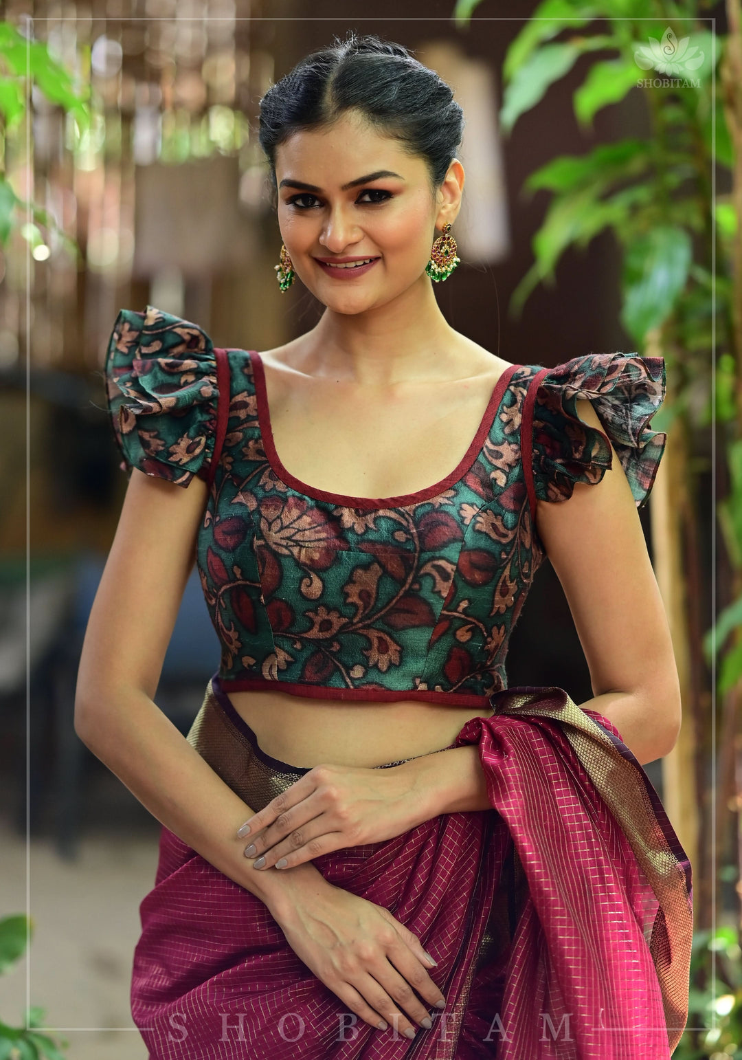 Grayish Teal Pure Raw Silk Blouse with Kalamkari Digital Print and Double Frill Sleeves