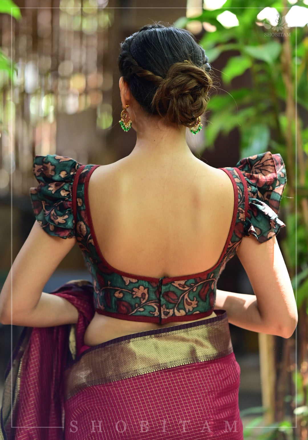 Grayish Teal Pure Raw Silk Blouse with Kalamkari Digital Print and Double Frill Sleeves