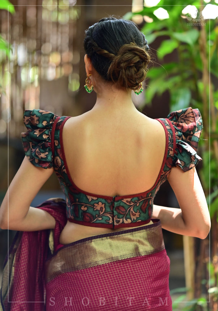 Grayish Teal Pure Raw Silk Blouse with Kalamkari Digital Print and Double Frill Sleeves