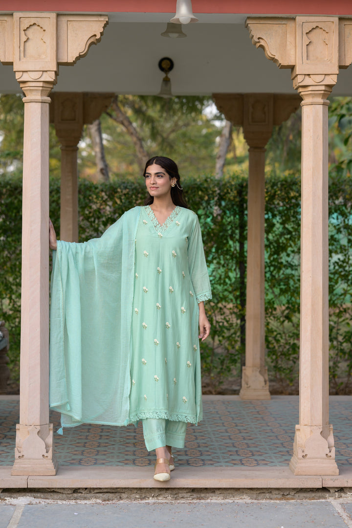 Light Turquoise Blue Mul Chanderi Thread Embroidery With lace on neck Suit Set with Kota Doriya Duppatta-SET OF-3 | SHOBITAM