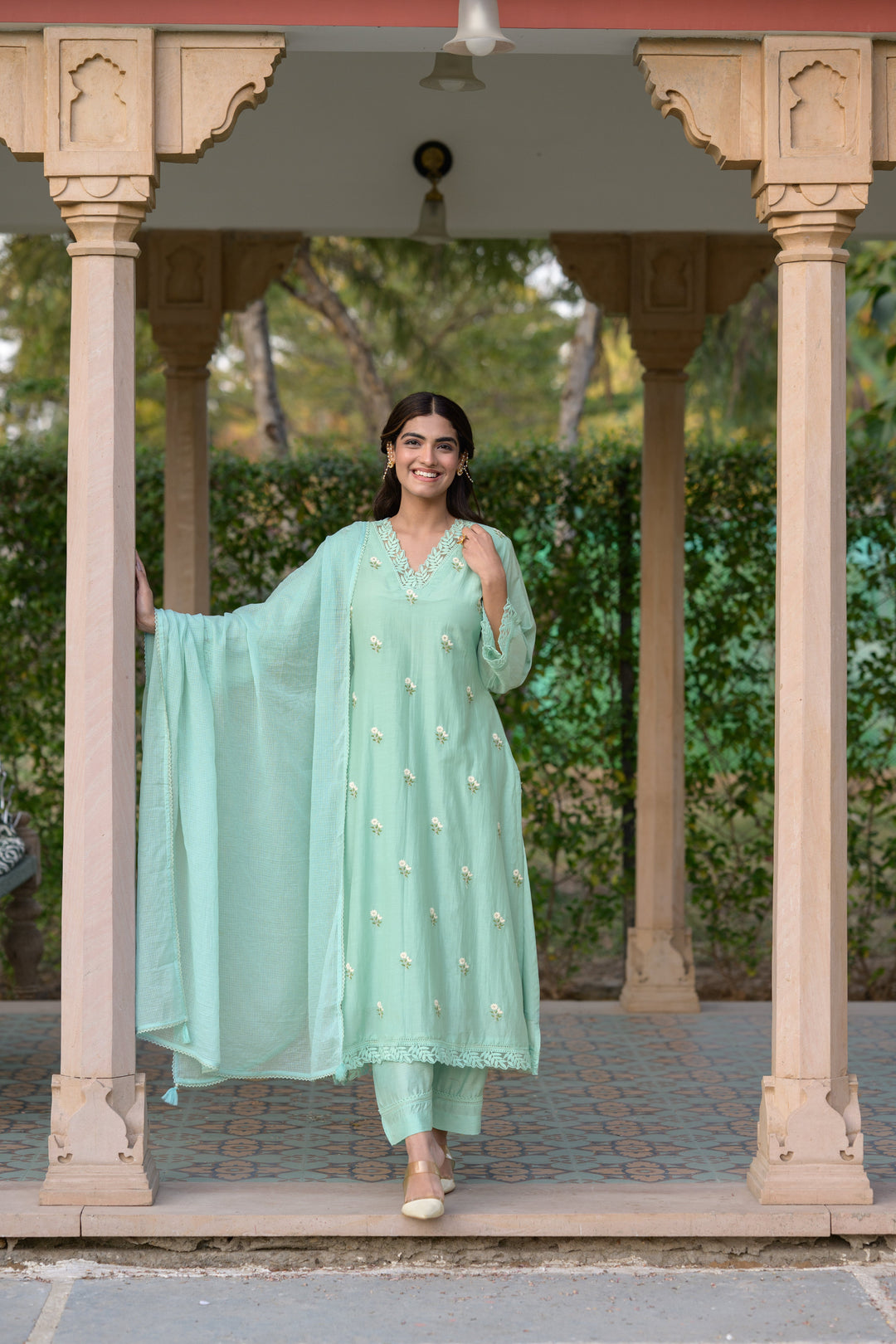 Light Turquoise Blue Mul Chanderi Thread Embroidery With lace on neck Suit Set with Kota Doriya Duppatta-SET OF-3 | SHOBITAM