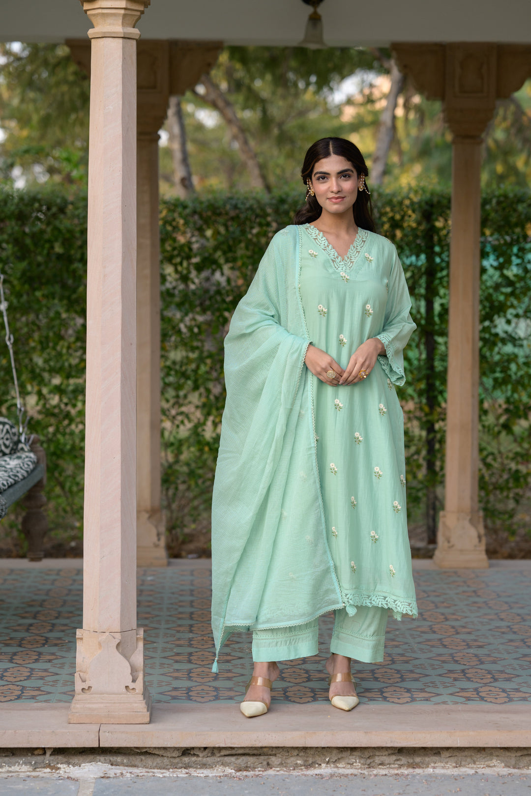 Light Turquoise Blue Mul Chanderi Thread Embroidery With lace on neck Suit Set with Kota Doriya Duppatta-SET OF-3 | SHOBITAM