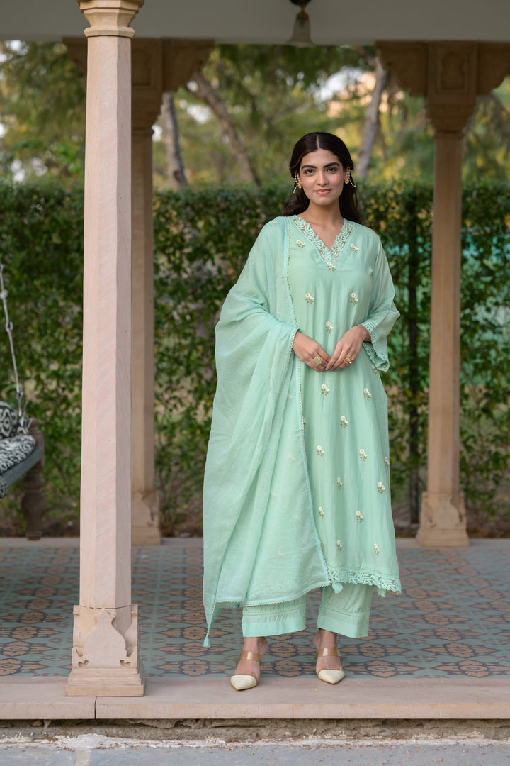 Light Turquoise Blue Mul Chanderi Thread Embroidery With lace on neck Suit Set with Kota Doriya Duppatta-SET OF-3 | SHOBITAM