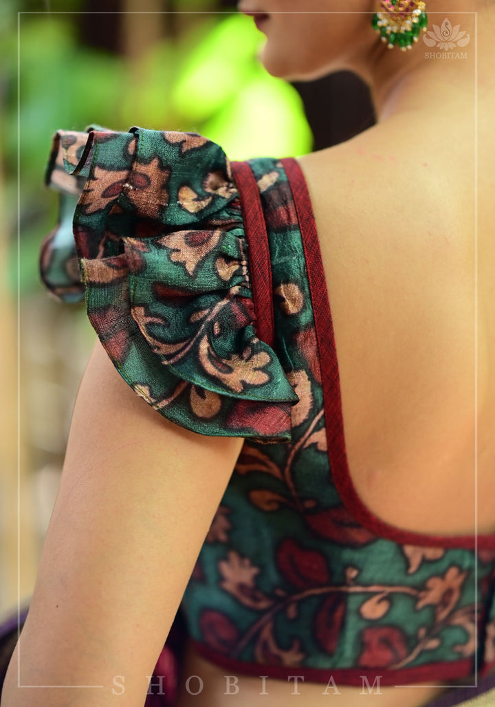Grayish Teal Pure Raw Silk Blouse with Kalamkari Digital Print and Double Frill Sleeves