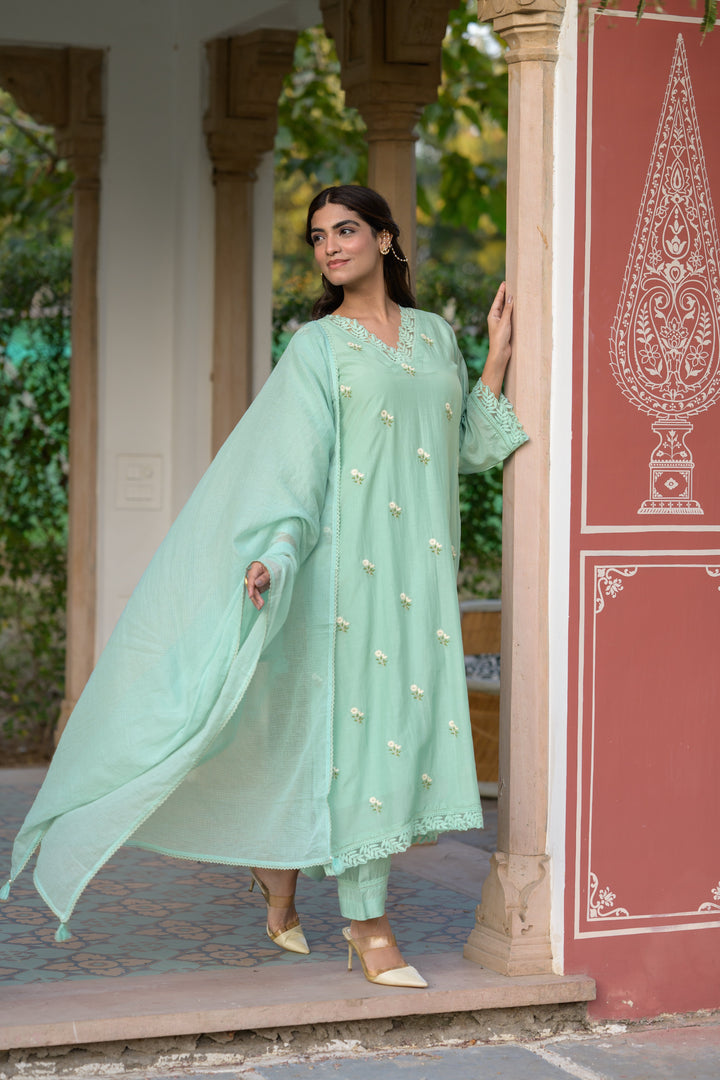 Light Turquoise Blue Mul Chanderi Thread Embroidery With lace on neck Suit Set with Kota Doriya Duppatta-SET OF-3 | SHOBITAM