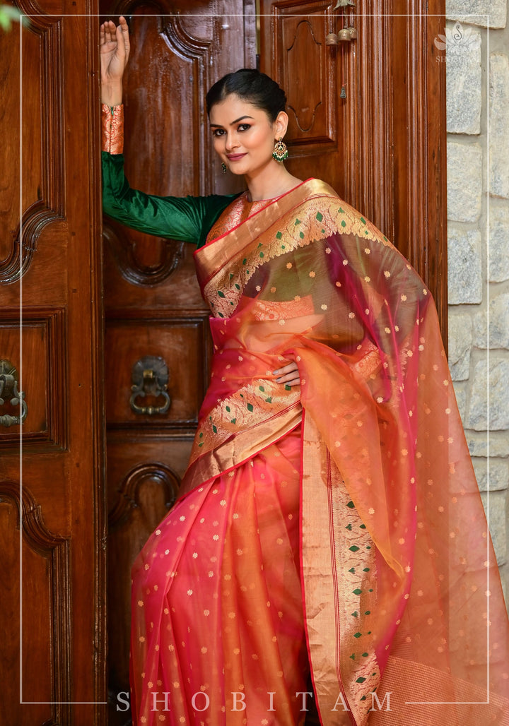 Exquisite Chanderi Silk Saree in Mustard Pink Shot Color with Meenakari Curvilinear Borders | SHOBITAM