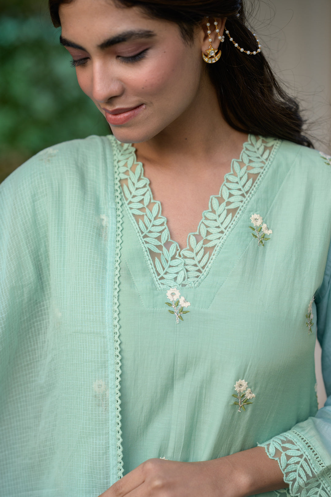 Light Turquoise Blue Mul Chanderi Thread Embroidery With lace on neck Suit Set with Kota Doriya Duppatta-SET OF-3 | SHOBITAM