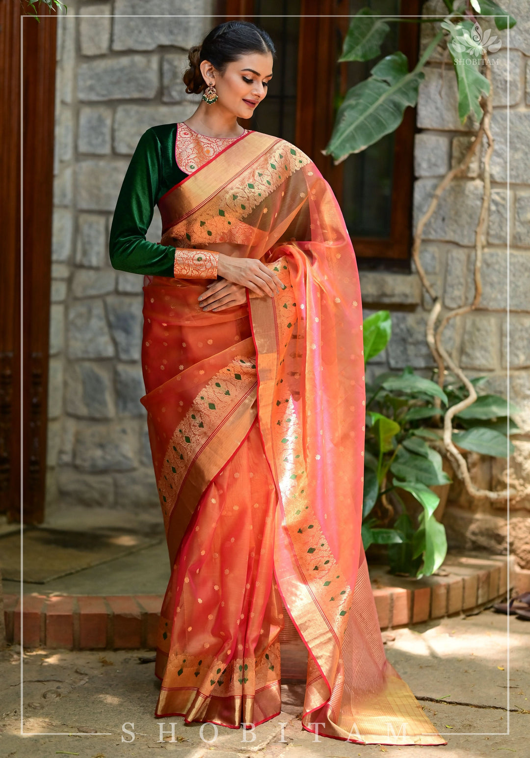 Exquisite Chanderi Silk Saree in Mustard Pink Shot Color with Meenakari Curvilinear Borders | SHOBITAM