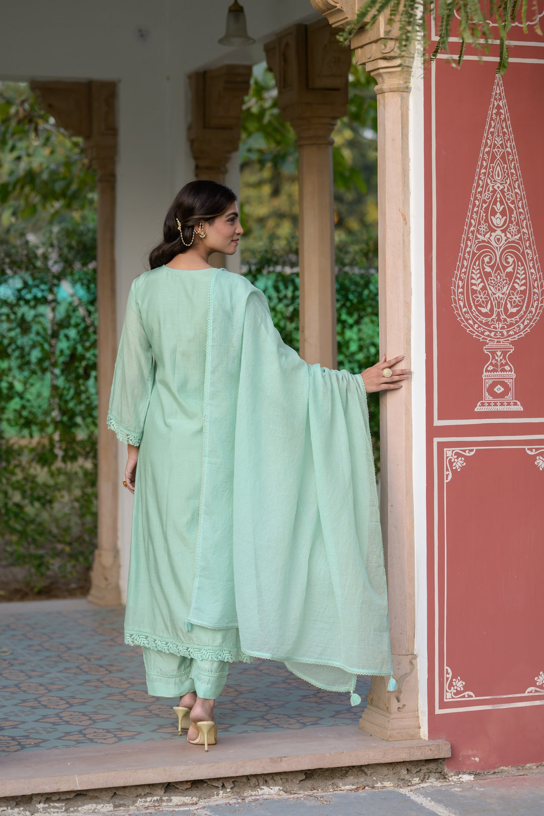 Light Turquoise Blue Mul Chanderi Thread Embroidery With lace on neck Suit Set with Kota Doriya Duppatta-SET OF-3 | SHOBITAM