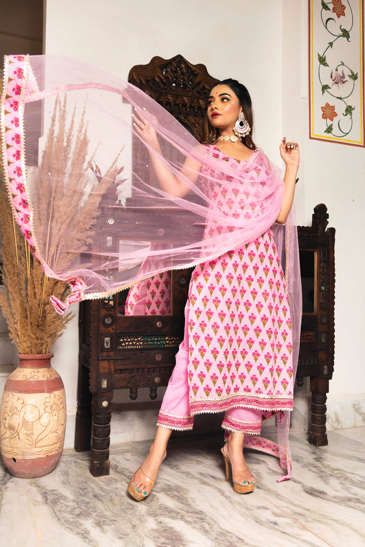 GULBAHAR PINK HAND BLOCK SUIT SET | SHOBITAM
