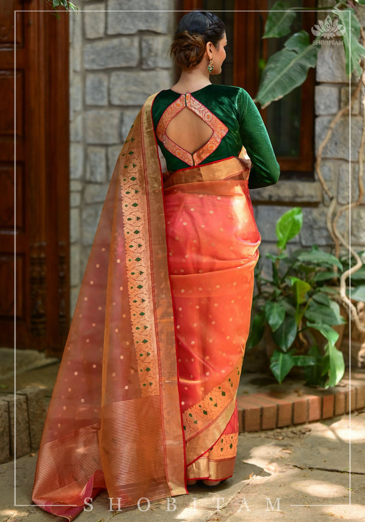 Exquisite Chanderi Silk Saree in Mustard Pink Shot Color with Meenakari Curvilinear Borders | SHOBITAM
