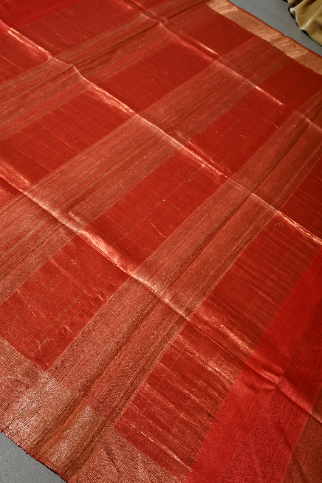 Vermilion Red Handloom Tussar Silk Saree with Stripes Pattern and Muted Zari Border | SILK MARK CERTIFIED | SHOBITAM