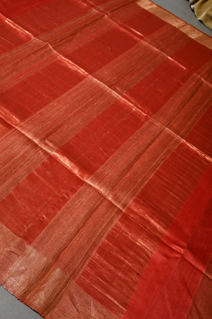Vermilion Red Handloom Tussar Silk Saree with Stripes Pattern and Muted Zari Border | SILK MARK CERTIFIED | SHOBITAM