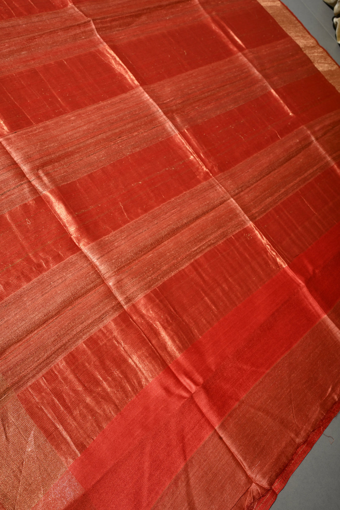 Vermilion Red Handloom Tussar Silk Saree with Stripes Pattern and Muted Zari Border | SILK MARK CERTIFIED | SHOBITAM