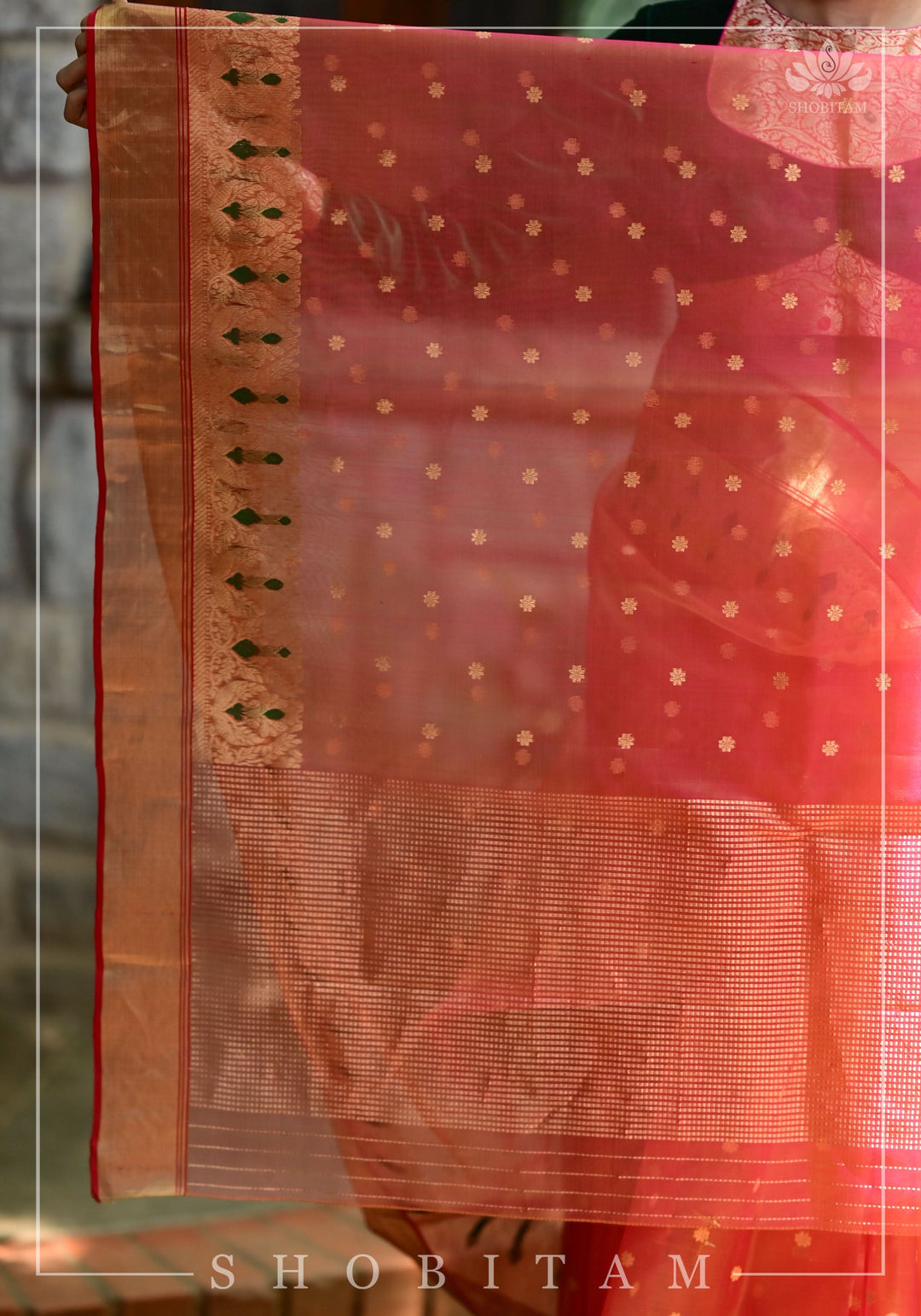 Exquisite Chanderi Silk Saree in Mustard Pink Shot Color with Meenakari Curvilinear Borders | SHOBITAM