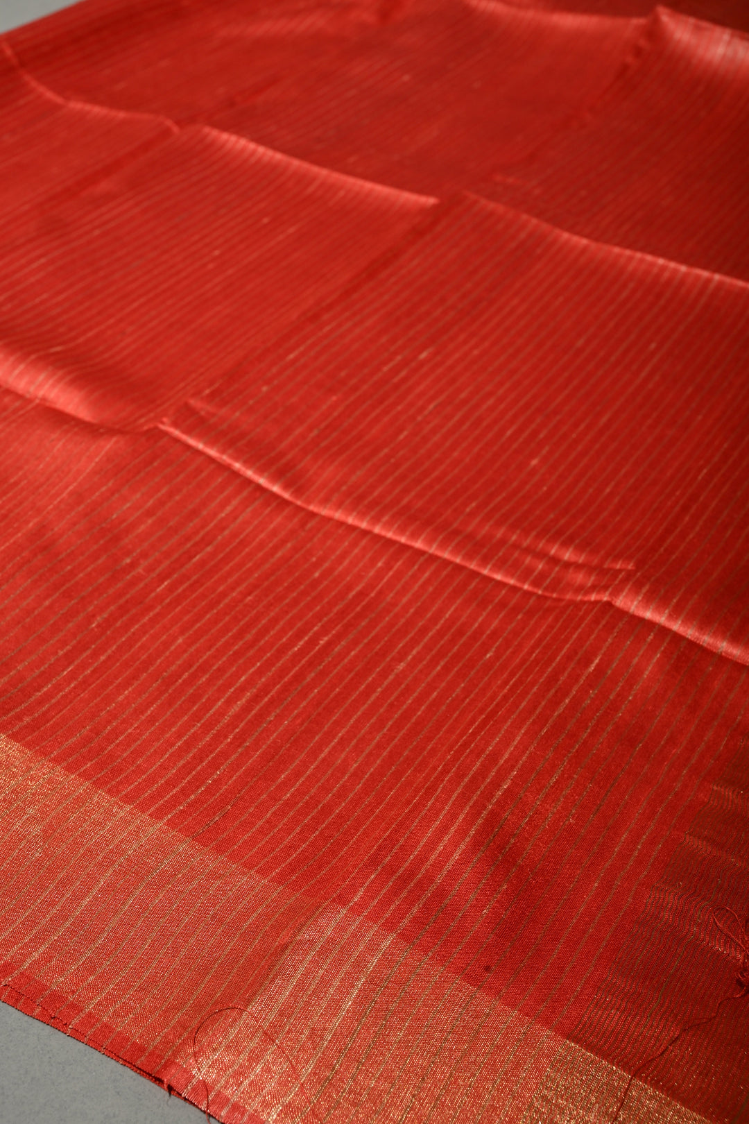 Vermilion Red Handloom Tussar Silk Saree with Stripes Pattern and Muted Zari Border | SILK MARK CERTIFIED | SHOBITAM