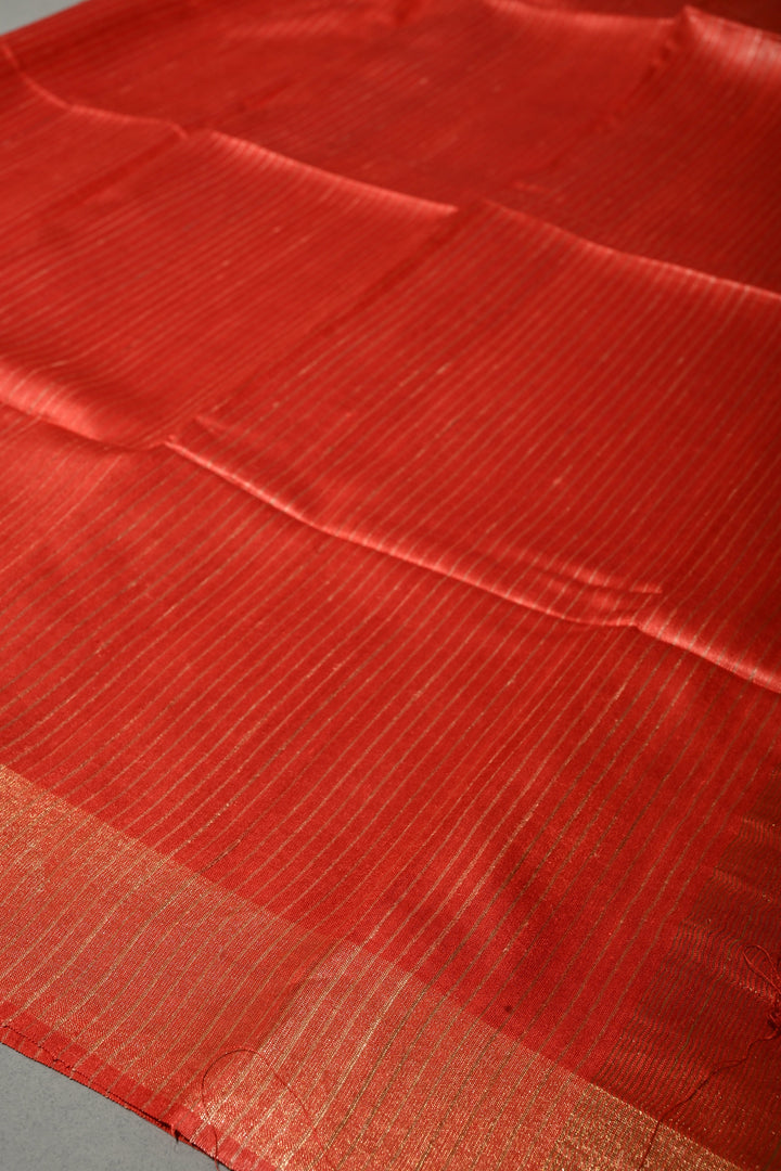 Vermilion Red Handloom Tussar Silk Saree with Stripes Pattern and Muted Zari Border | SILK MARK CERTIFIED | SHOBITAM