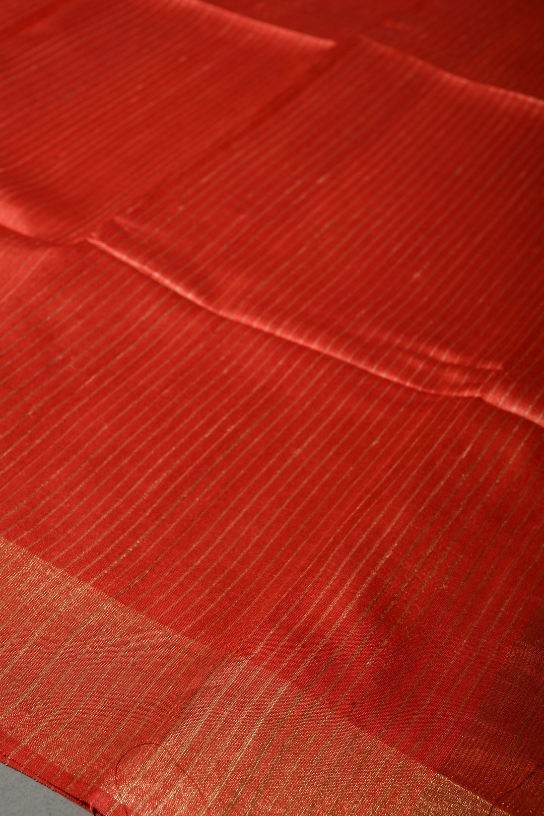 Vermilion Red Handloom Tussar Silk Saree with Stripes Pattern and Muted Zari Border | SILK MARK CERTIFIED | SHOBITAM