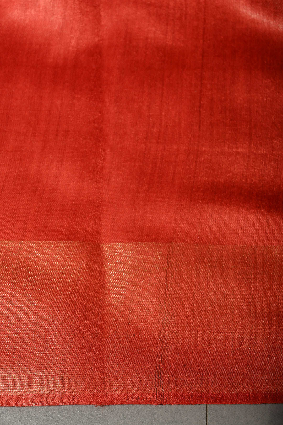 Vermilion Red Handloom Tussar Silk Saree with Stripes Pattern and Muted Zari Border | SILK MARK CERTIFIED | SHOBITAM