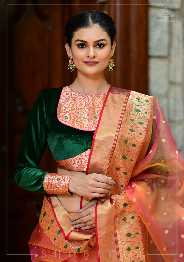 Exquisite Green Velvet Full Sleeve Blouse with Banarasi Meenakari Brocade Yoke and Cuff