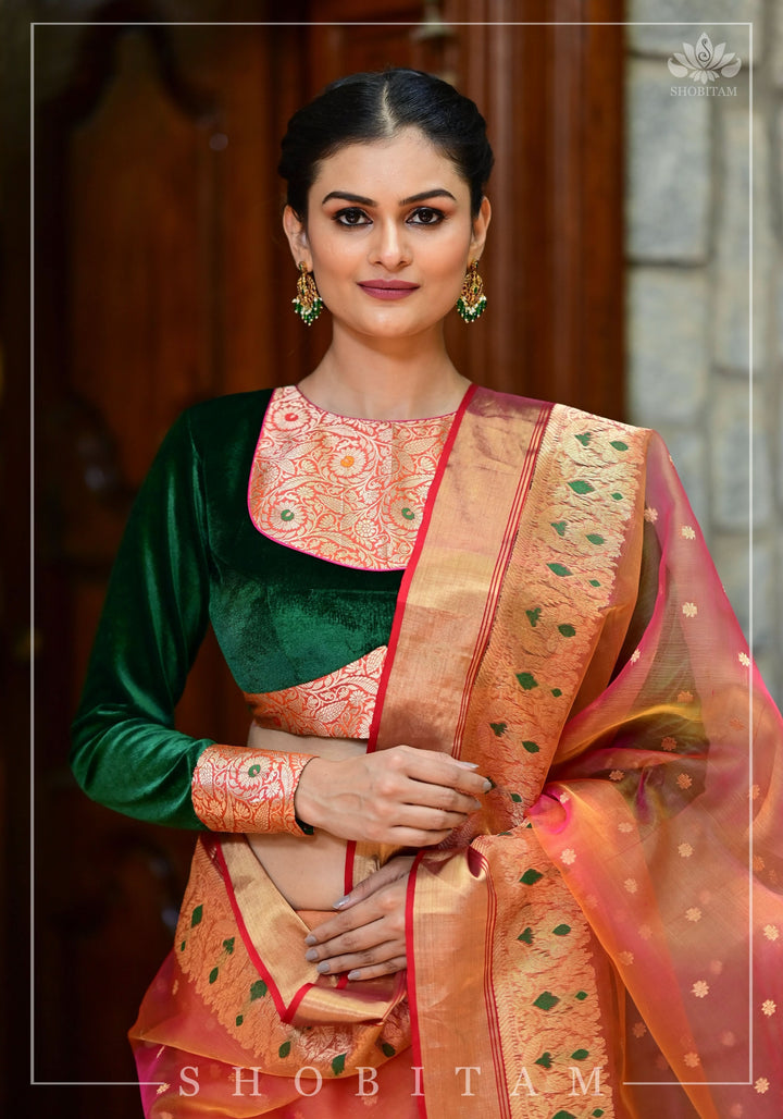 Exquisite Chanderi Silk Saree in Mustard Pink Shot Color with Meenakari Curvilinear Borders | SHOBITAM