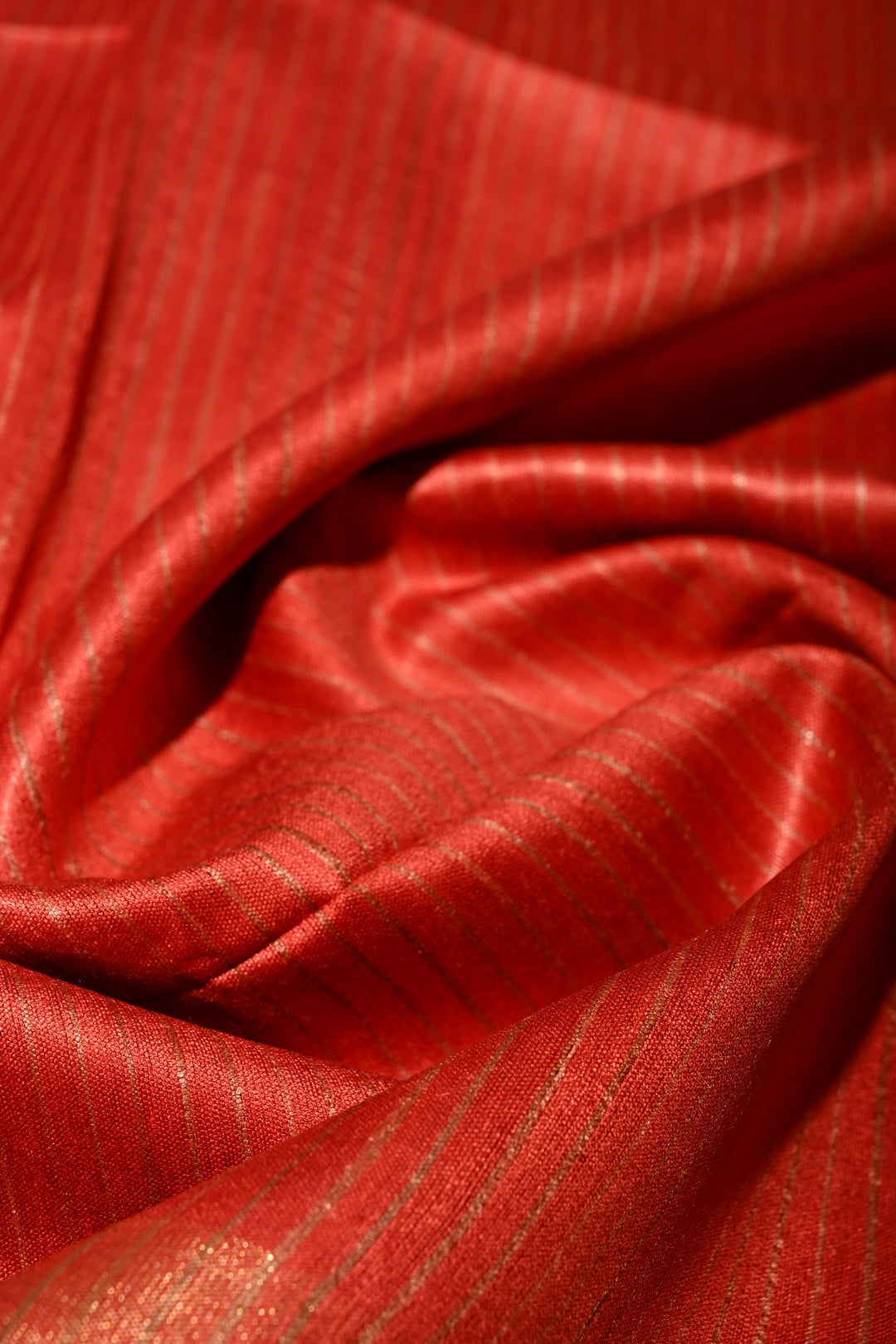 Vermilion Red Handloom Tussar Silk Saree with Stripes Pattern and Muted Zari Border | SILK MARK CERTIFIED | SHOBITAM