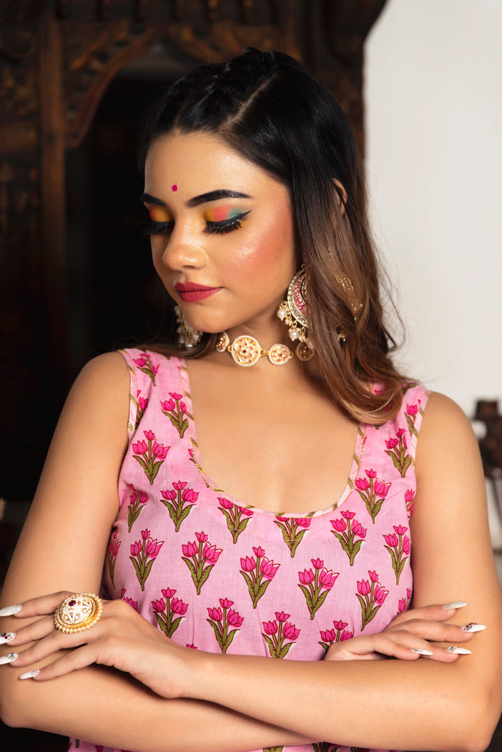 GULBAHAR PINK HAND BLOCK SUIT SET | SHOBITAM