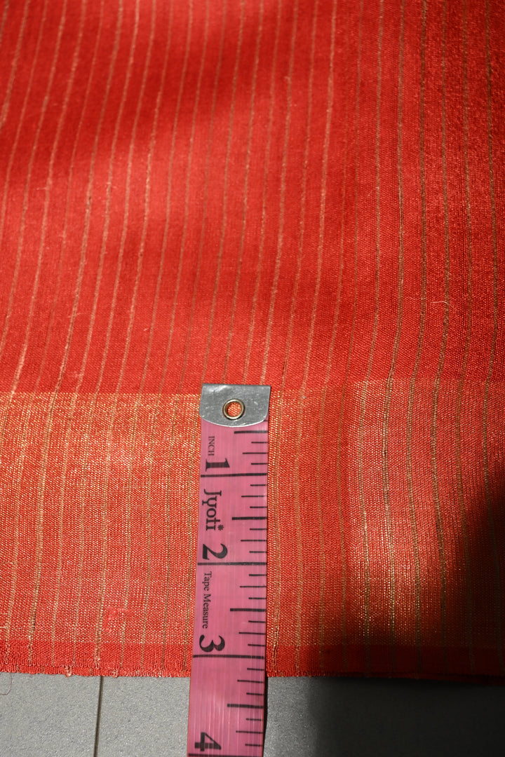 Vermilion Red Handloom Tussar Silk Saree with Stripes Pattern and Muted Zari Border | SILK MARK CERTIFIED | SHOBITAM