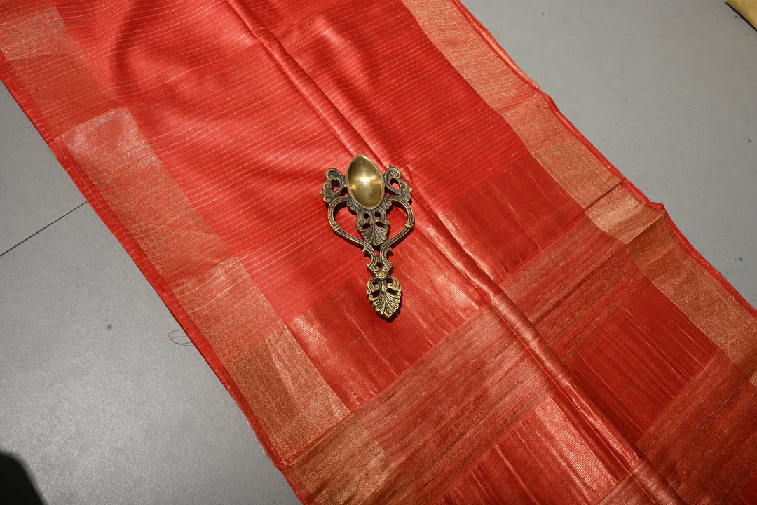 Vermilion Red Handloom Tussar Silk Saree with Stripes Pattern and Muted Zari Border | SILK MARK CERTIFIED | SHOBITAM