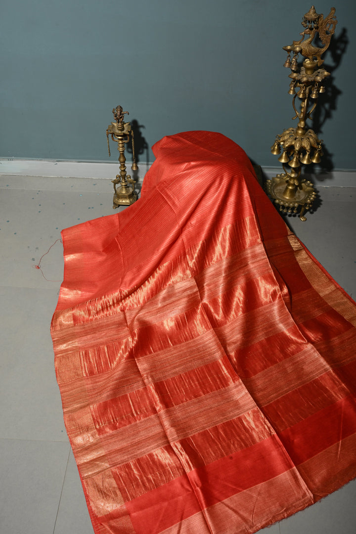 Vermilion Red Handloom Tussar Silk Saree with Stripes Pattern and Muted Zari Border | SILK MARK CERTIFIED | SHOBITAM