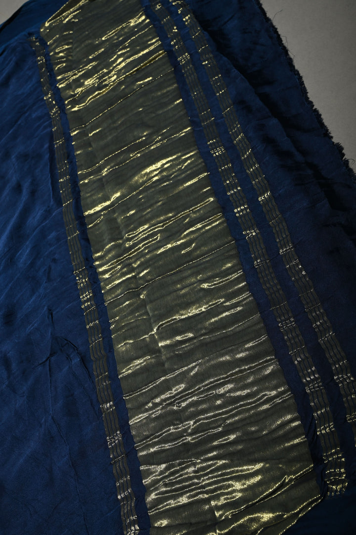 Prussian Blue Borderless Modal Silk Saree with Lagda Patta Crushed Tissue Pallu | SHOBITAM