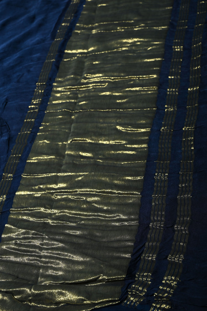 Prussian Blue Borderless Modal Silk Saree with Lagda Patta Crushed Tissue Pallu | SHOBITAM