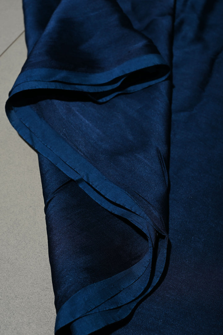 Prussian Blue Borderless Modal Silk Saree with Lagda Patta Crushed Tissue Pallu | SHOBITAM