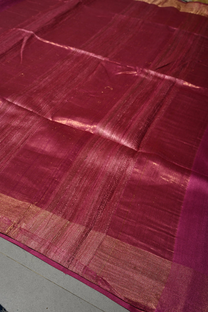 Magenta Handloom Tussar Silk Saree with Stripes Pattern and Muted Zari Border | SILK MARK CERTIFIED | SHOBITAM