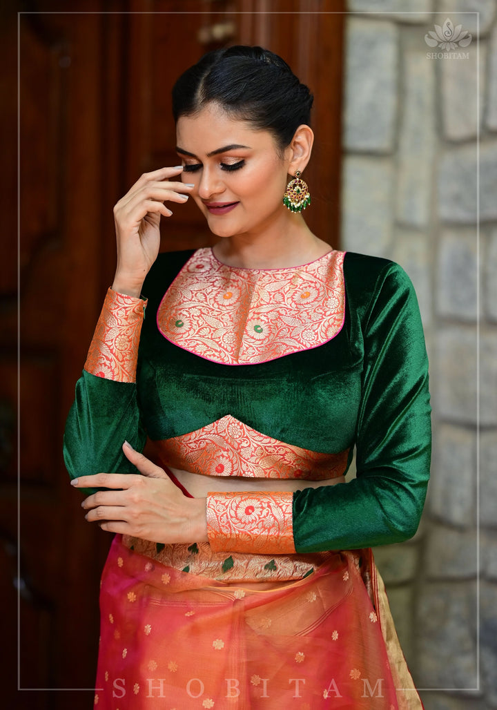 Exquisite Green Velvet Full Sleeve Blouse with Banarasi Meenakari Brocade Yoke and Cuff