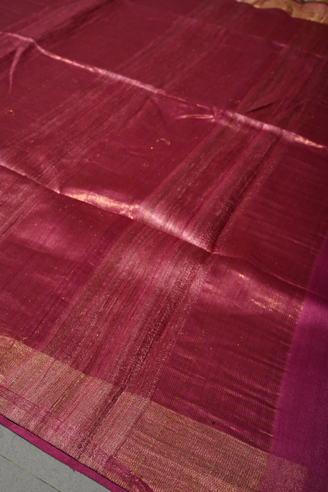 Magenta Handloom Tussar Silk Saree with Stripes Pattern and Muted Zari Border | SILK MARK CERTIFIED | SHOBITAM