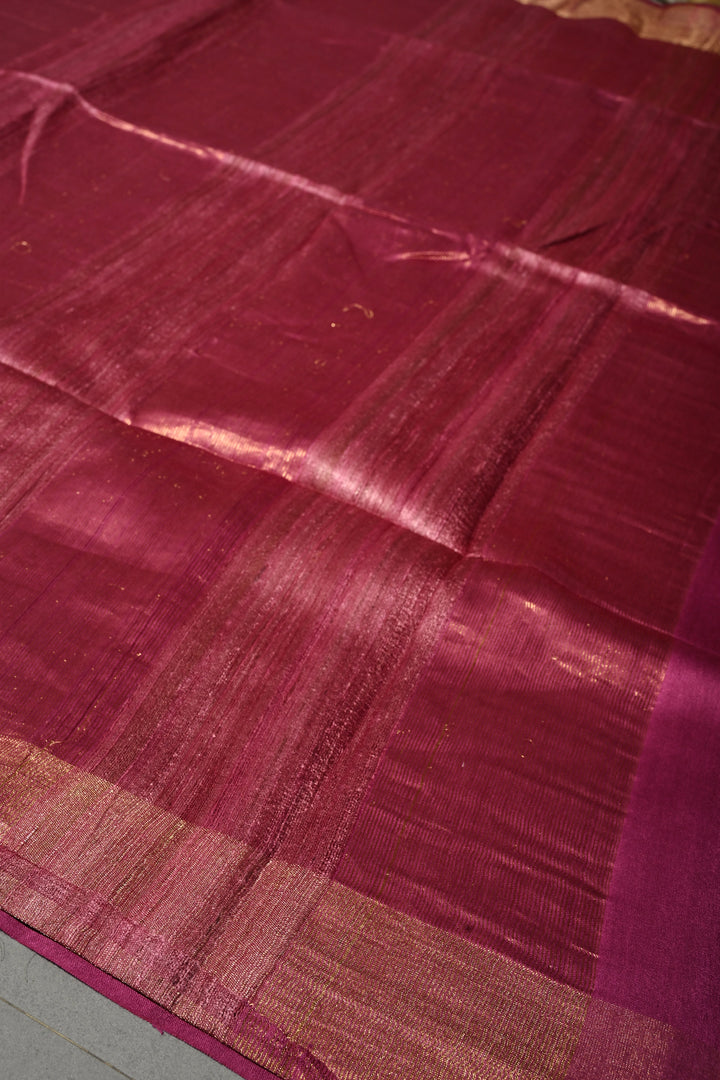 Magenta Handloom Tussar Silk Saree with Stripes Pattern and Muted Zari Border | SILK MARK CERTIFIED | SHOBITAM