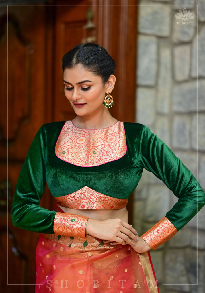 Exquisite Green Velvet Full Sleeve Blouse with Banarasi Meenakari Brocade Yoke and Cuff