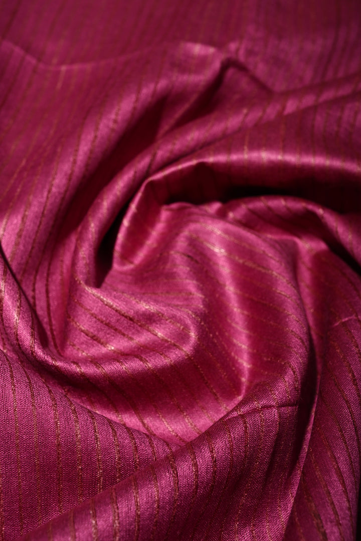 Magenta Handloom Tussar Silk Saree with Stripes Pattern and Muted Zari Border | SILK MARK CERTIFIED | SHOBITAM