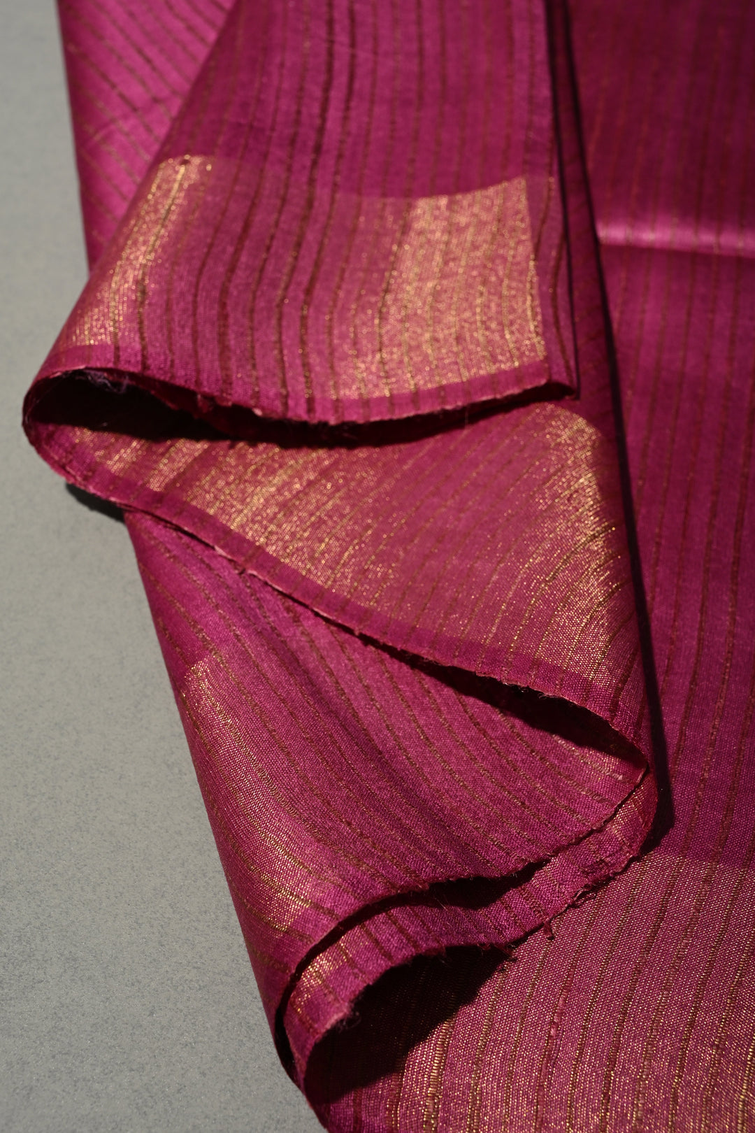 Magenta Handloom Tussar Silk Saree with Stripes Pattern and Muted Zari Border | SILK MARK CERTIFIED | SHOBITAM