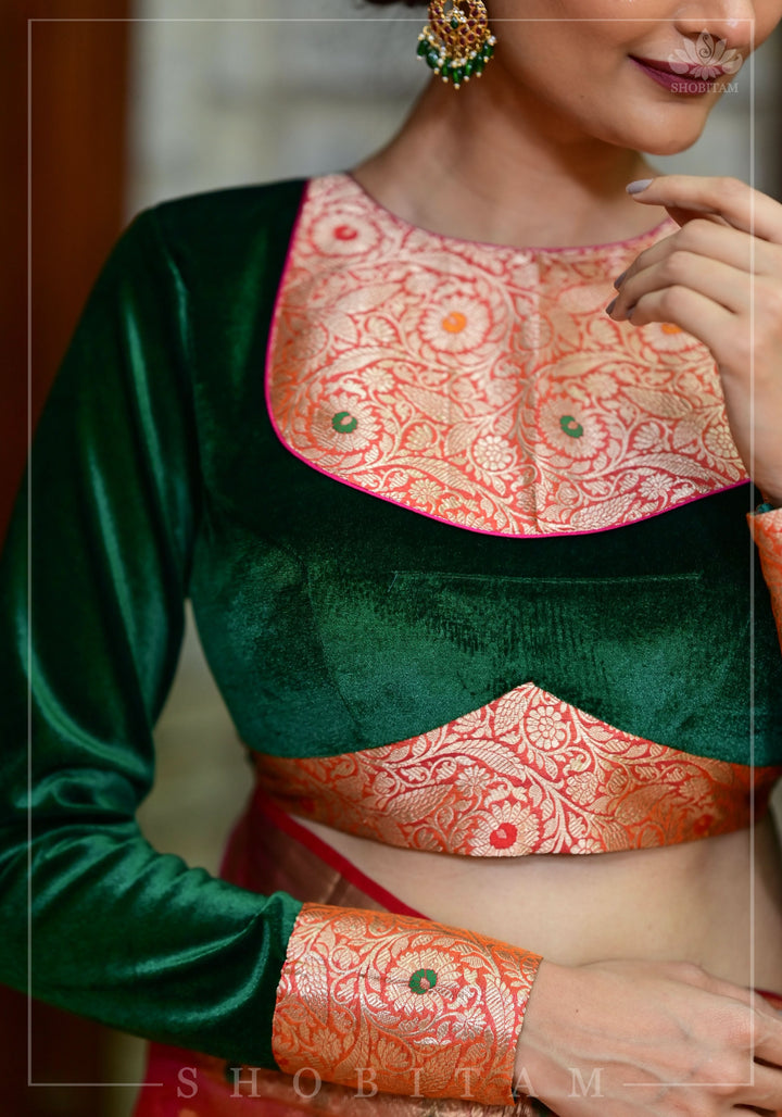 Exquisite Green Velvet Full Sleeve Blouse with Banarasi Meenakari Brocade Yoke and Cuff