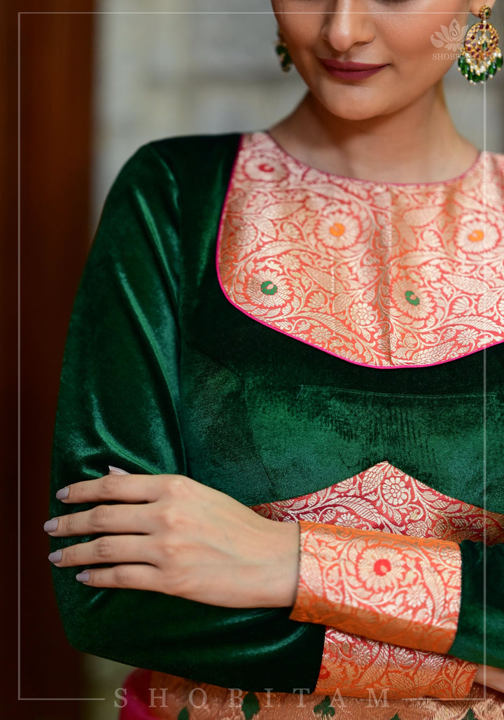 Exquisite Green Velvet Full Sleeve Blouse with Banarasi Meenakari Brocade Yoke and Cuff