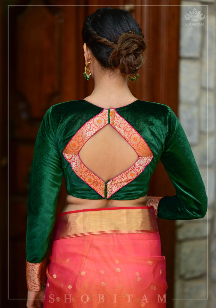 Exquisite Green Velvet Full Sleeve Blouse with Banarasi Meenakari Brocade Yoke and Cuff
