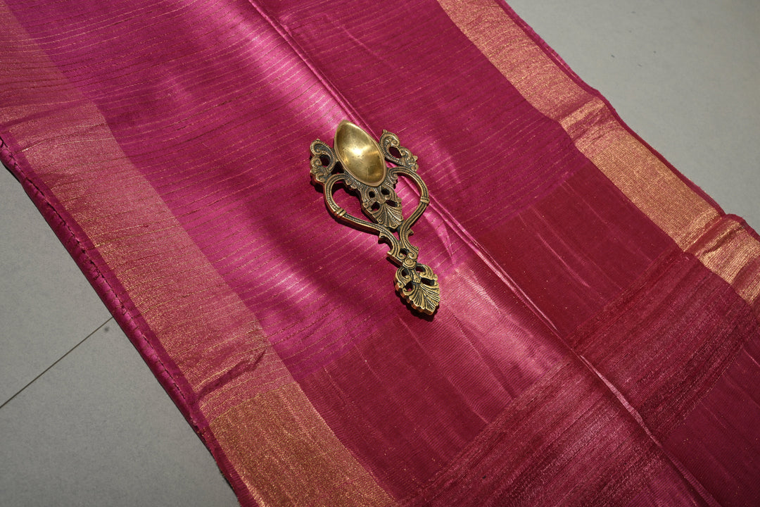 Magenta Handloom Tussar Silk Saree with Stripes Pattern and Muted Zari Border | SILK MARK CERTIFIED | SHOBITAM
